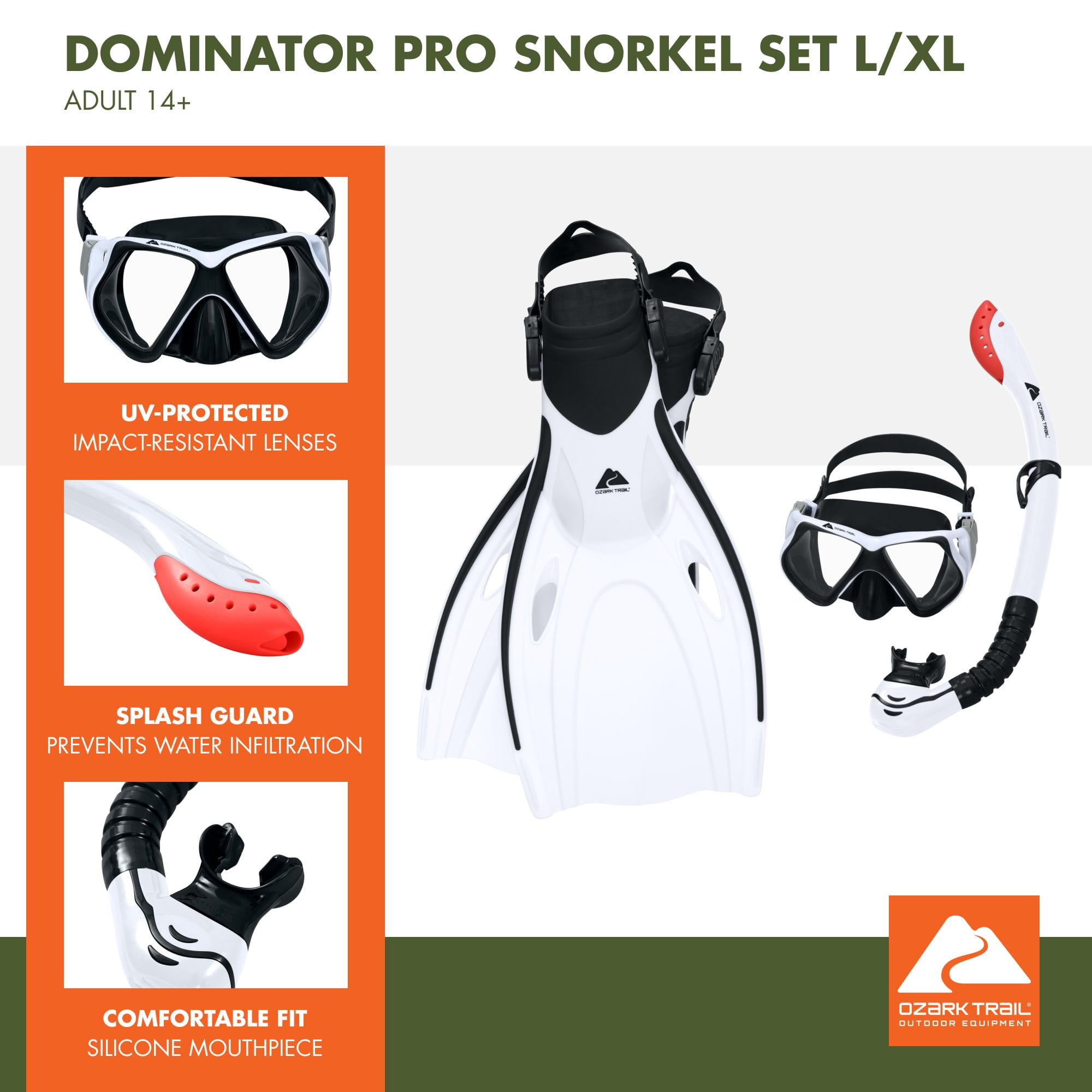 (2 pack) Ozark Trail Dominator Pro Adult 14+ Snorkel Set with Fins L/XL