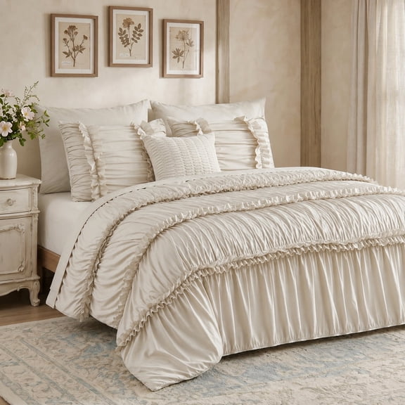 Lipa Queen Comforter Set,7-Piece Bed in a Bag,Ruffled Design Bedding Set,Comforter,Flat Sheet,Fitted Sheet,Pillowcases and Shams,Beige