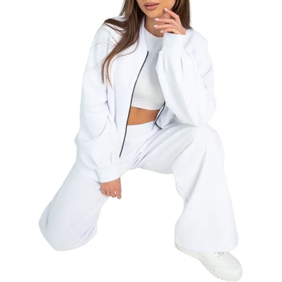 Women 2Pcs Set Tracksuit Jogging Suits Long Sleeve Zip Up Sweatshirt & Sweatpants Jogger Sweatsuit Sets White M