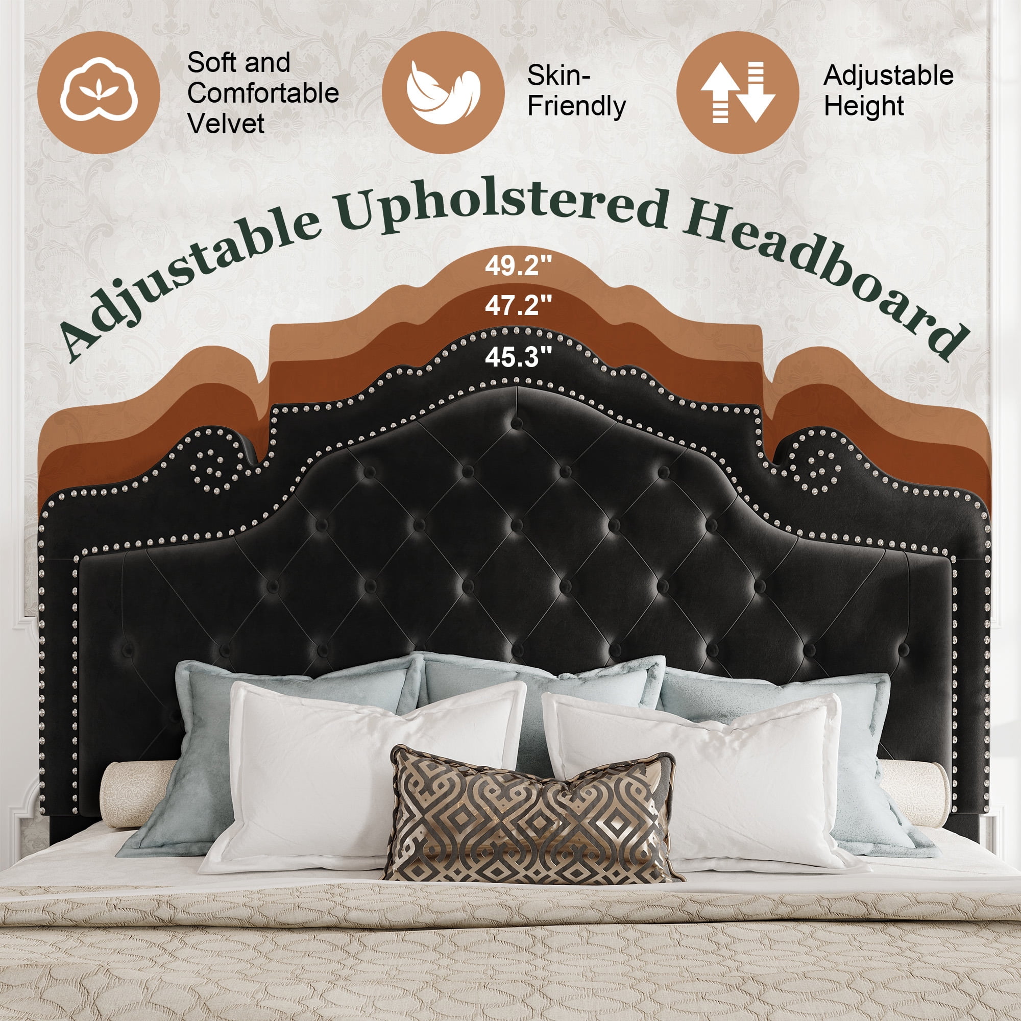 Amolife King Bed Frame with Adjustable Crown-Shaped Headboard, Upholstered Platform Bed, No Box Spring Required, Black