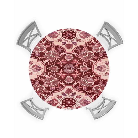 nqOlkjepod Red Boho Round Tablecloth, Fitted Table Cover with Elastic for 45"-54" Round Tables, Ethnic Tribal Abstract Traditional Floral Table Cloth Outdoor Dinning Party Waterproof Tablecloths