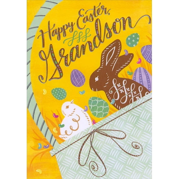 Designer Greetings Chocolate Bunny, White Chick and Eggs in Light Green Basket Grandson Easter Card