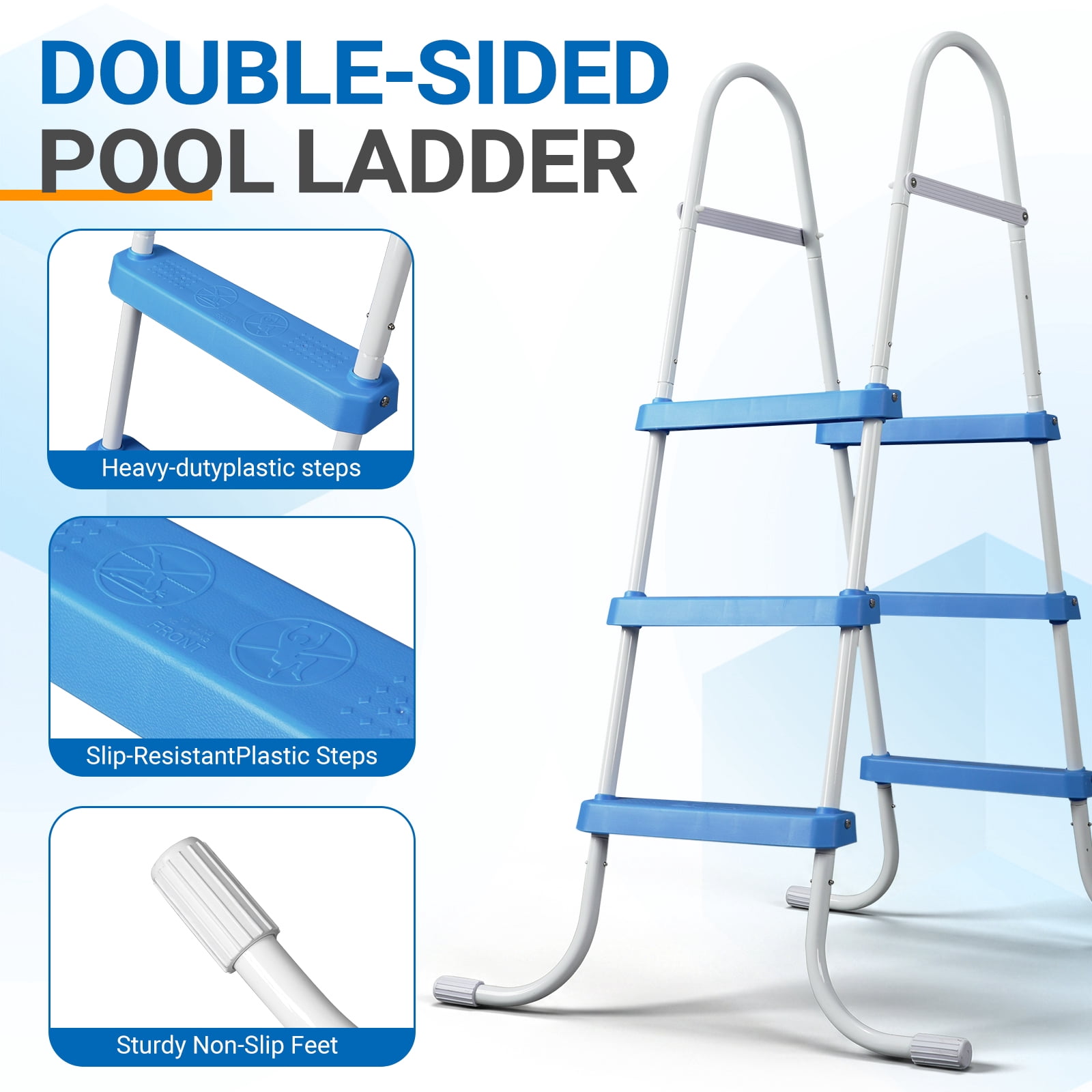 Ktaxon 3-Step 43" Steel Above Ground Pool Ladder, Heavy Duty Non-Slip, White Frame & Blue Steps