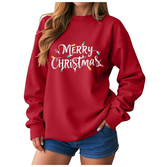 TTUHYWXI Women's Merry Christmas Oversized Pullover Sweatshirt With Lights - Holiday Xmas Sweater Top (Red, XL)
