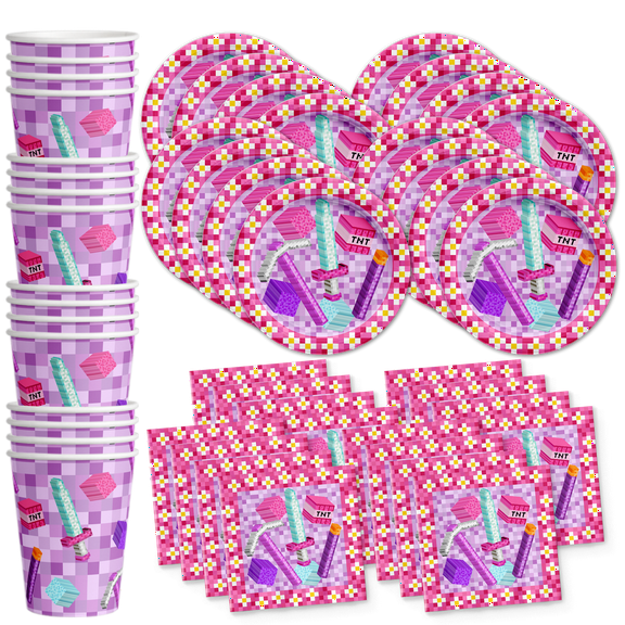 Girl Pixel Mining Birthday Party Supplies Set Plates Napkins Cups Tableware Kit for 16