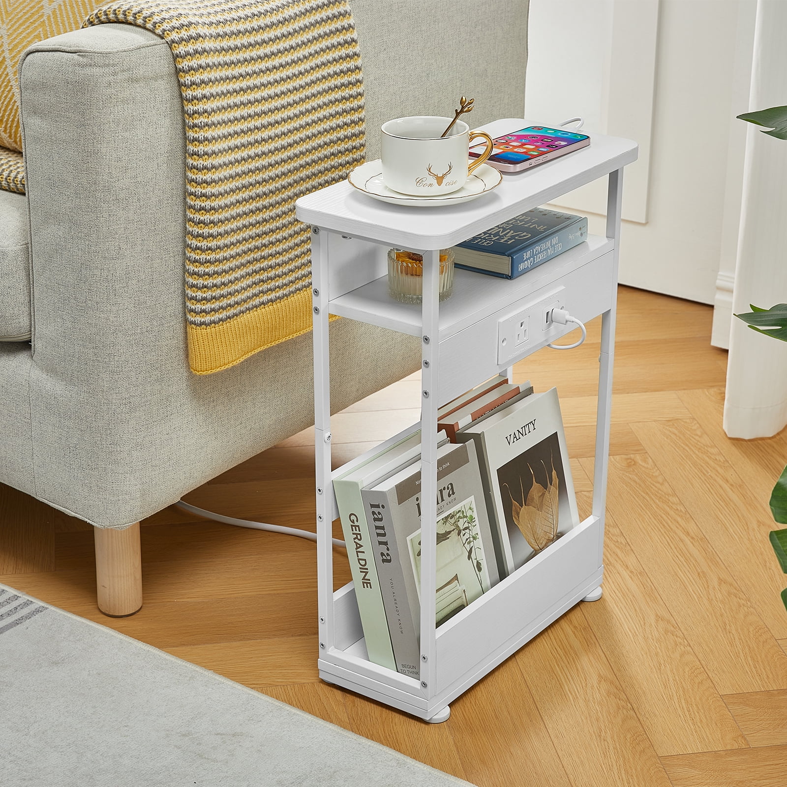 ZEXVIDA Narrow Side Table with Charging Station, 3 Tier Slim End Table with Storage Shelf for Small Spaces, 21.6 Inch Height Thin Tables Small Nightstand Magazine Rack for Living Room, White