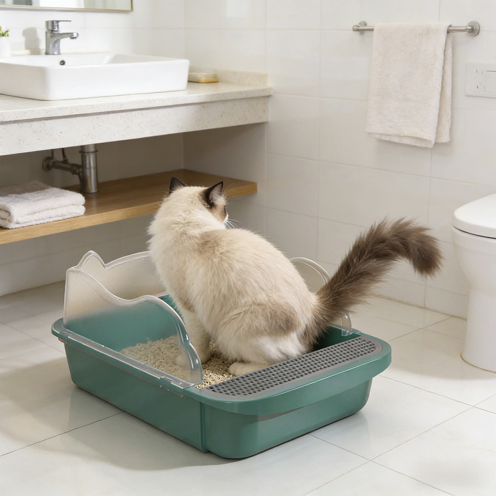 Semi Enclosed High Side Cat Litter Box with Splash Guard, Includes Litter Scoop and Hook, Large Plastic Tray for Indoor Cats, Leak Proof Design Easy to Clean