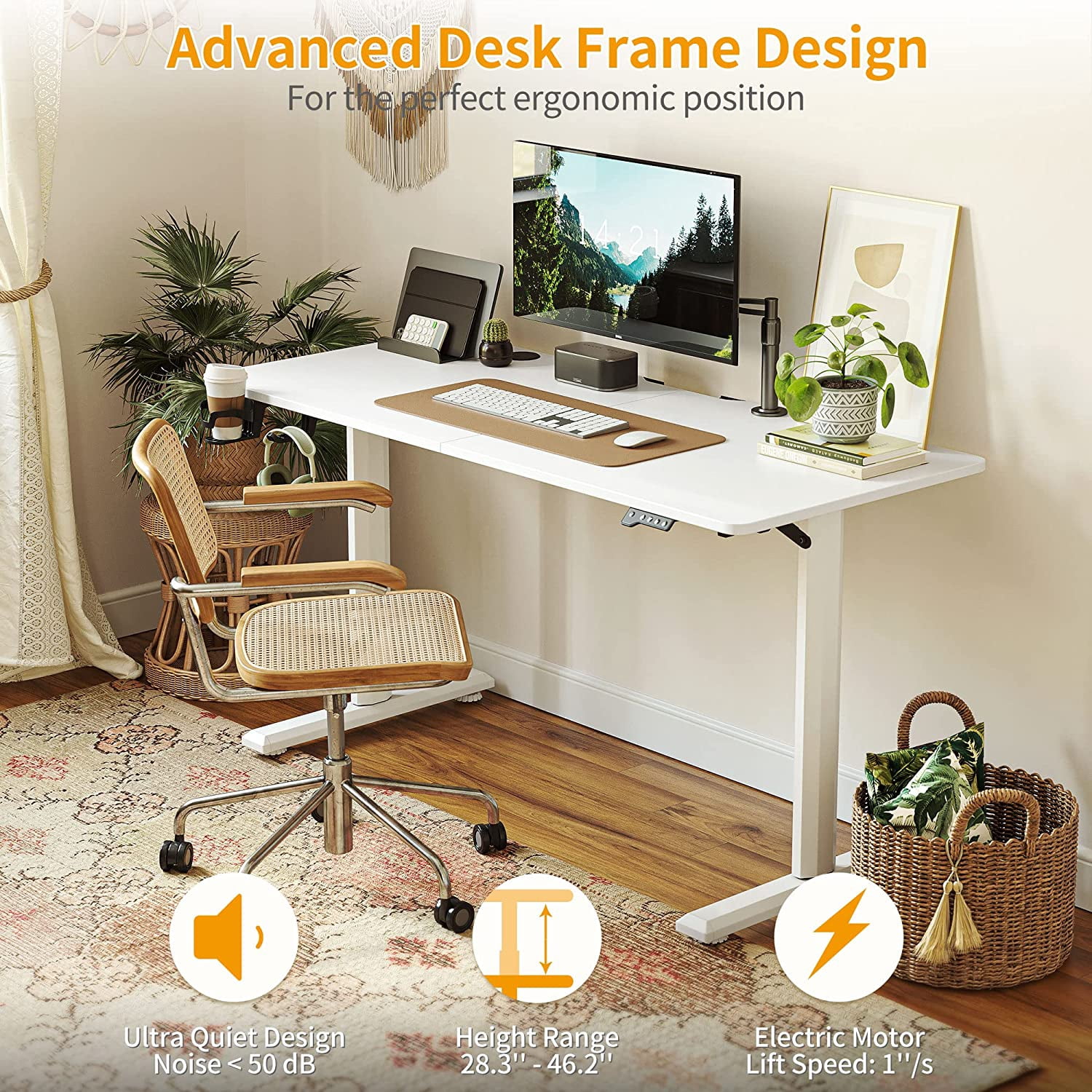 FEZIBO 44 x 24 Inches Standing Desk, Height Adjustable Electric Standing Desk, Stand up Table, Sit Stand Home Office Desk with Splice Board, White