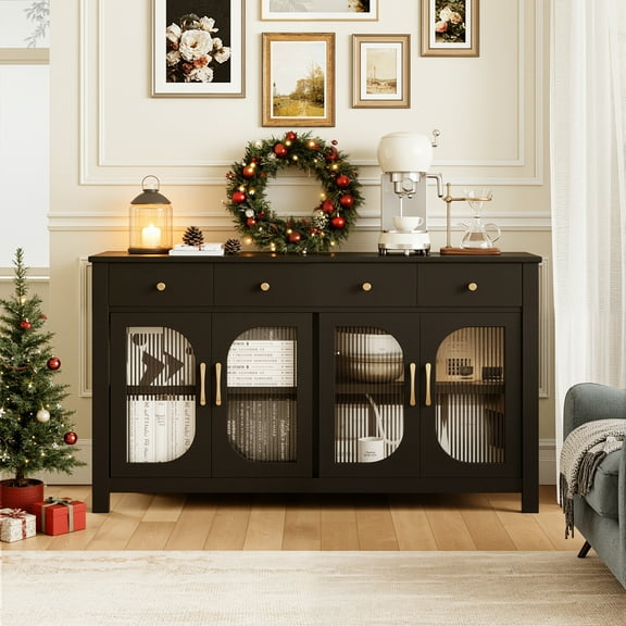 spanspace Large Sideboard Buffet Cabinet with Storage, Kitchen Storage Cabinet with 3 Drawers and 4 Glass Doors, 55" Wide Buffet Table Coffee Bar Cabinet for Dining Room, Living Room,Black