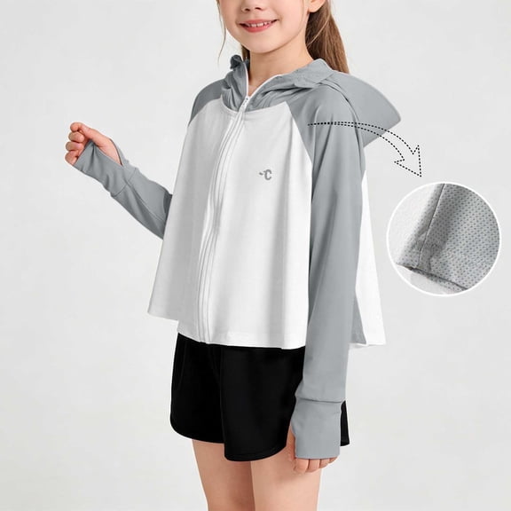 Girls Zip up Sun Protection Jacket Raglan Sleeve Hooded with Thumb Holes Lightweight Thin Outerwear for Outdoor Hiking Gray 1-2Y