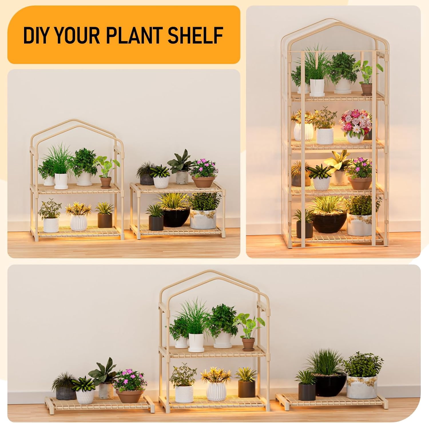 SPECILITE Indoor Greenhouse with Grow Lights, 4 Tiers 27.6"L×19.3"W×61.4"H Outdoor Mini Green House with Zip PVC Cover  and Dimmable 15W Plant Light with Timer for Seed Starting Trays