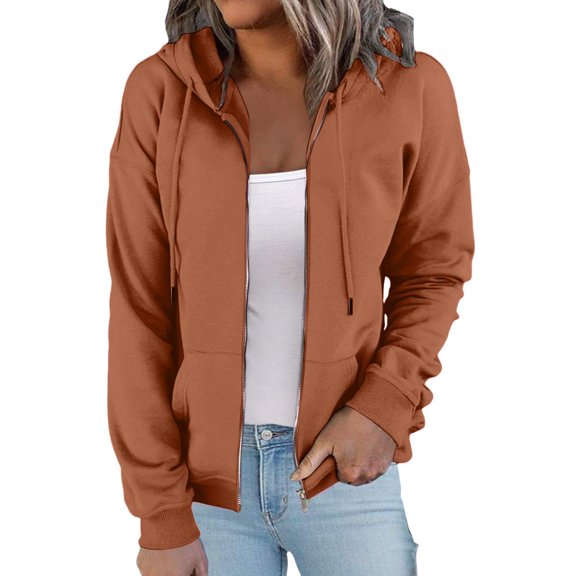 Bexdxz Women Casual Full Zip Up Cardigan Basic Jacket Lightweight Long Sleeve Sweatshirt Solid Color Jacket With Pockets Coffee 2XL