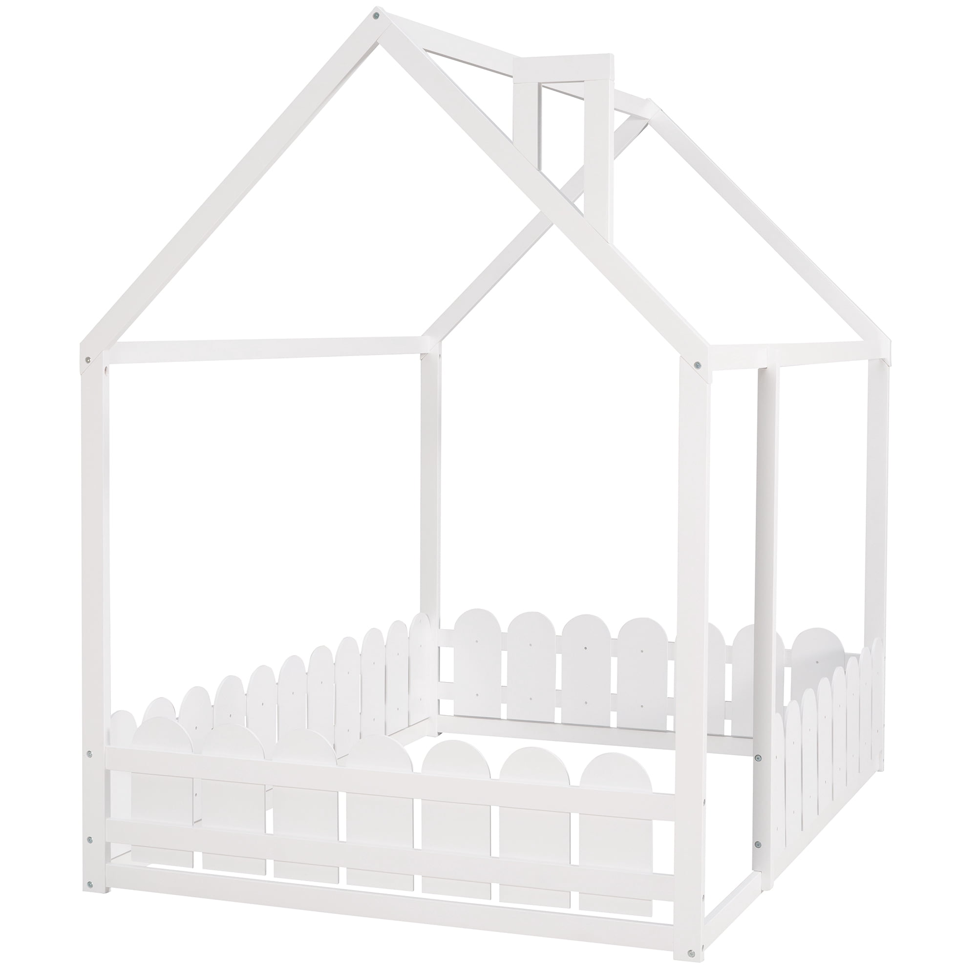 Aukfa House Bed for Kids Teen, Wood Bed Frame with Fence, Full Size Bed, White
