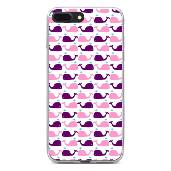 DistinctInk Clear Shockproof Hybrid Case for iPhone 7 PLUS / 8 PLUS (5.5" Screen) - TPU Bumper, Acrylic Back, Tempered Glass Screen Protector - Purple Pink Cartoon Whales - Cartoon Whales