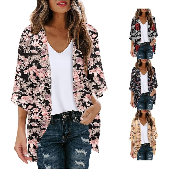 HCYSFG Womens Pink Floral Print Kimono Cardigan Open Front Short Sleeve Lightweight Sheer Draped Loose Fit Beach Cover Up Summer Tops