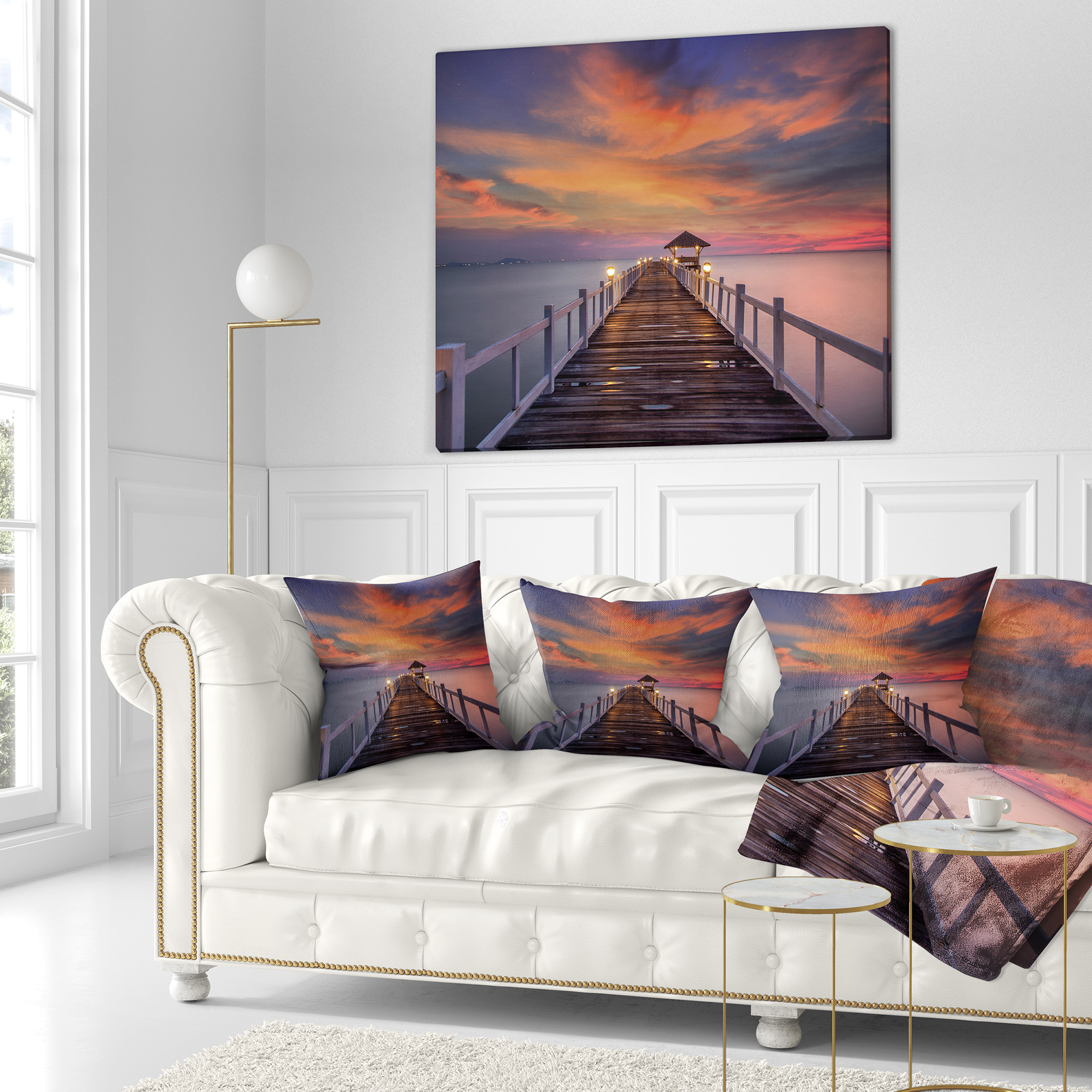 Designart Dark Seashore Pier under Colorful Sky - Pier Seascape Throw Pillow - 18x18