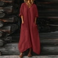 thumbnail image 2 of Women Kaftan Dresses Baggy Cotton Linen Maxi Dress V Neck 3/4 Sleeve Asymmetrical Hem Casual Long Dress with Pocket, 2 of 7