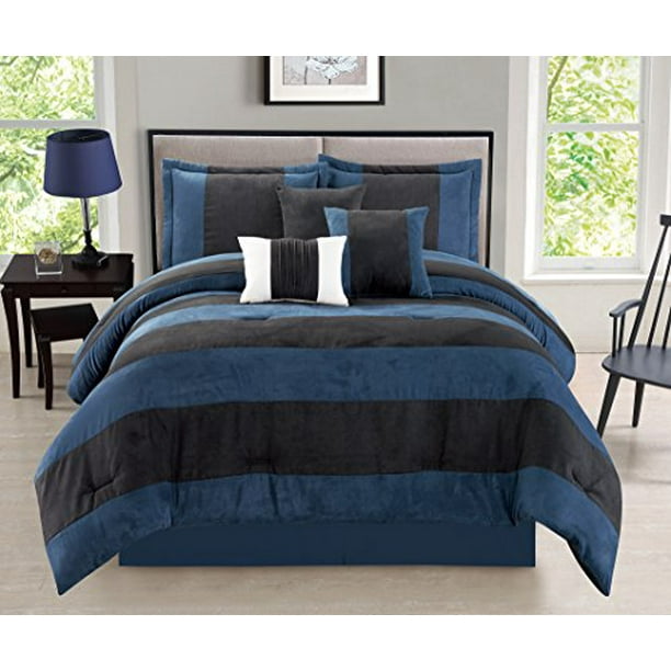 Wpm 7 Pieces Complete Bedding Ensemble Black Navy Blue Suede Luxury Comforter Set Bed In A Bag Queen Size Bedding Vandam Walmart Com Walmart Com