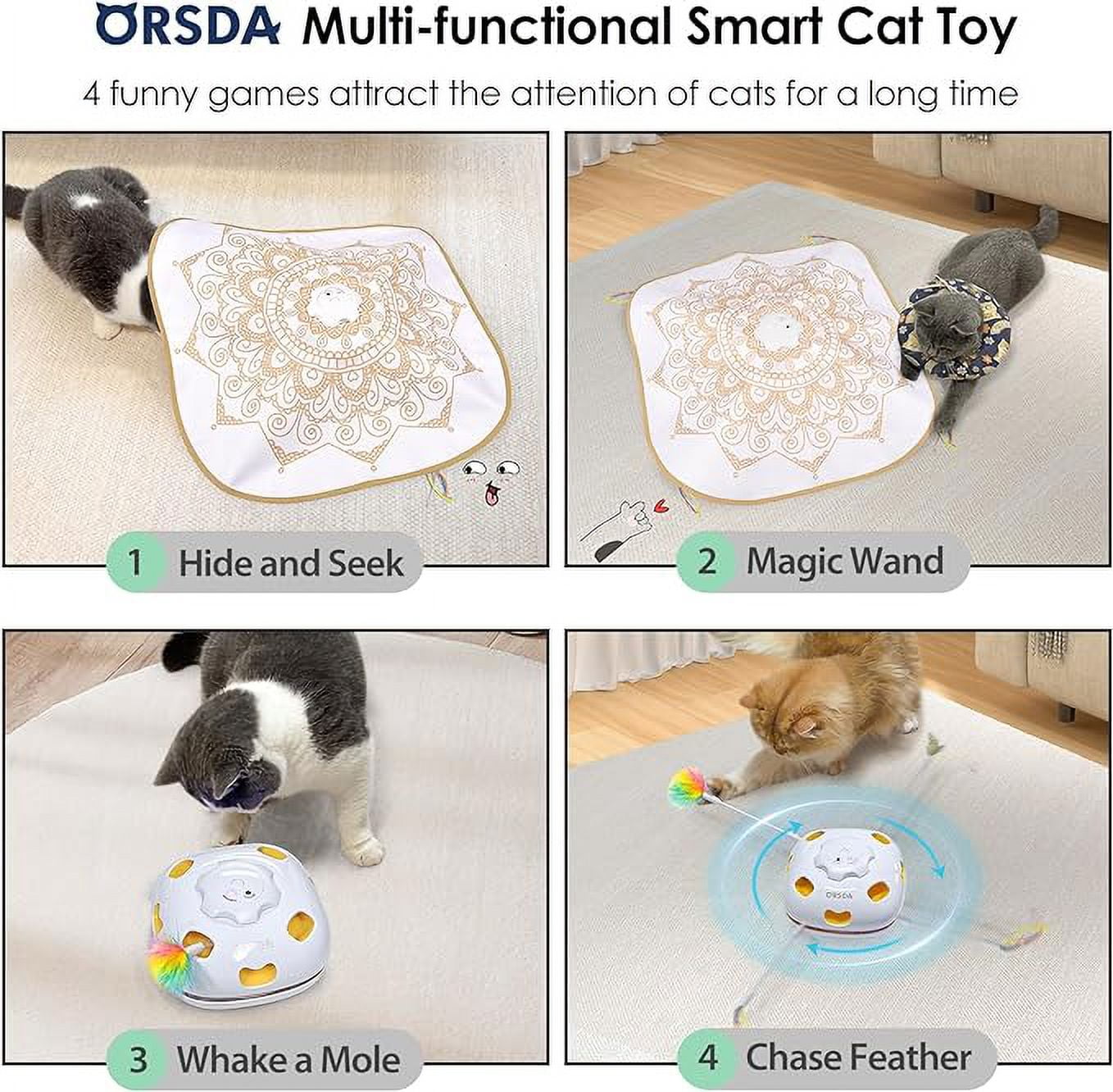 ORSDA Cat Toys Rechargeable, 4in 1 Interactive Kitten Toy for Indoor Cats, Automatic Hide and Seek Self Play Cat Feather Wand Toy with Smart Sensing, Whack a Mole, Chase Feather for All Breeds