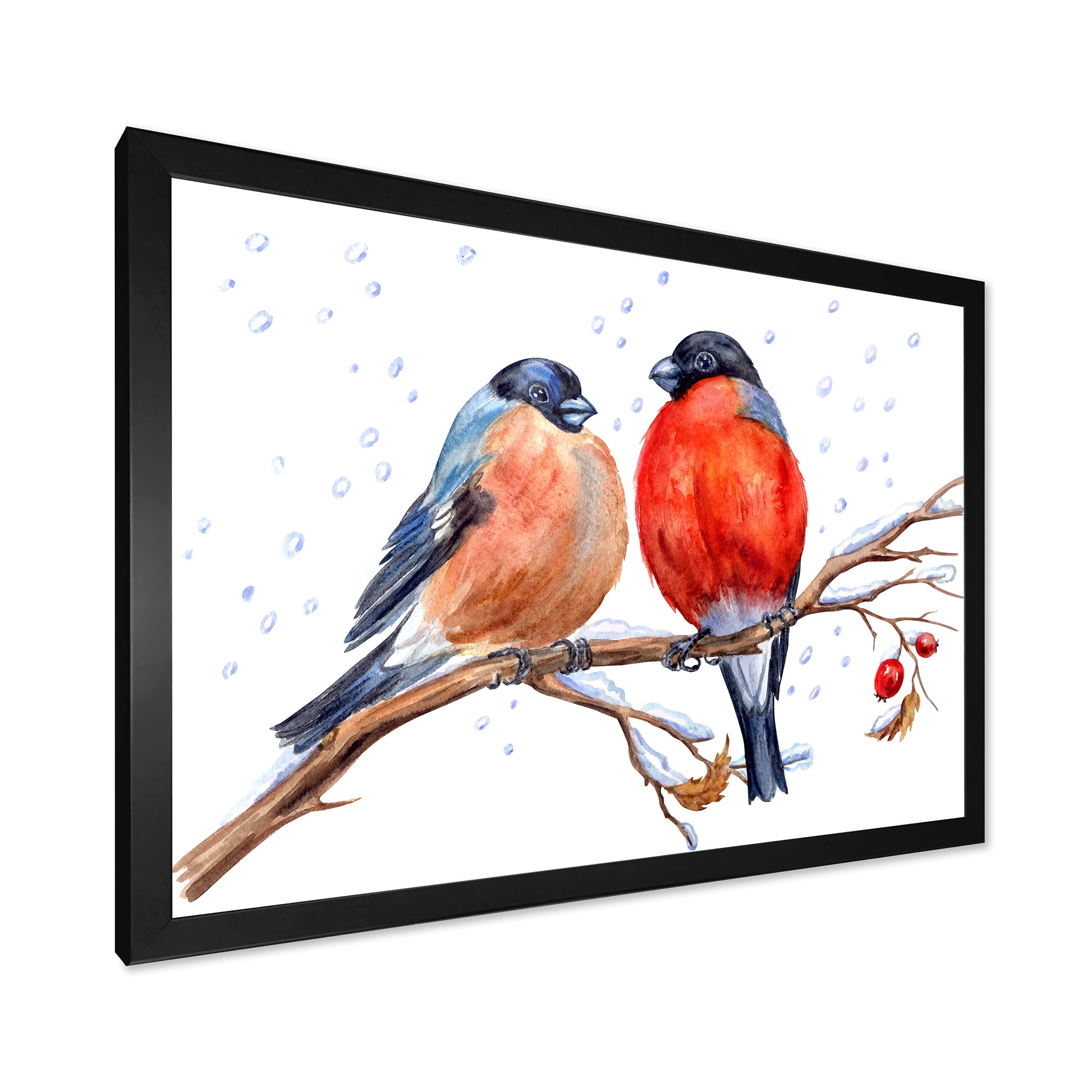 Designart 'Two Bullfinches On A Hawthorn Branch with Snowfall In Winter' Traditional Framed Art Print
