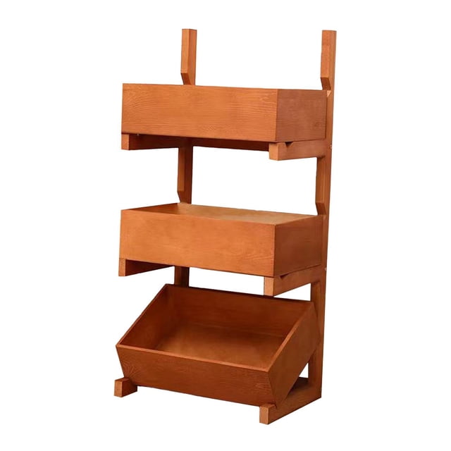 Estante de suelo, cesta de almacenamiento de frutas, organizador de latas multifuncional de madera. Marrón cálido