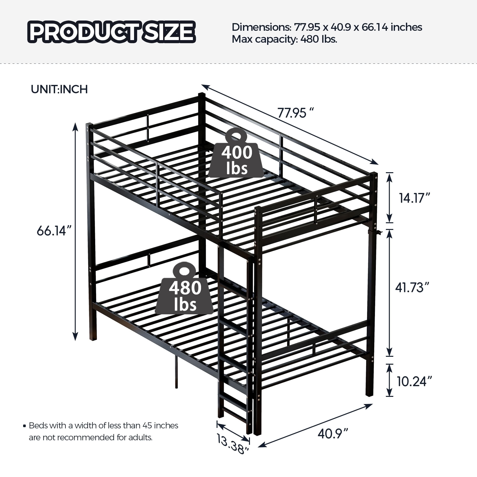 MAYEERTY Twin Over Twin Metal Bunk Bed, Heavy Duty Bunk Bed Frame with Guardrail for Kids Room, Black