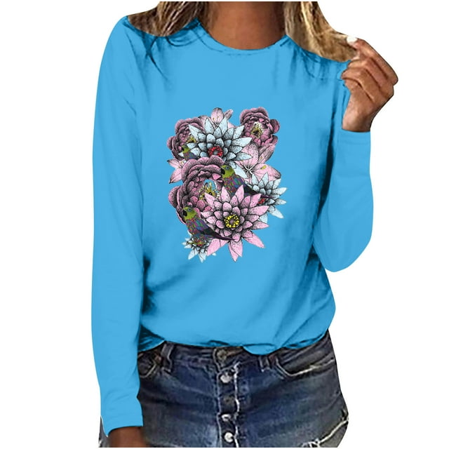 Leutsin T-shirt Blouse à Manches Longues Décontracté Ample à Col Rond Imprimé pour Femmes