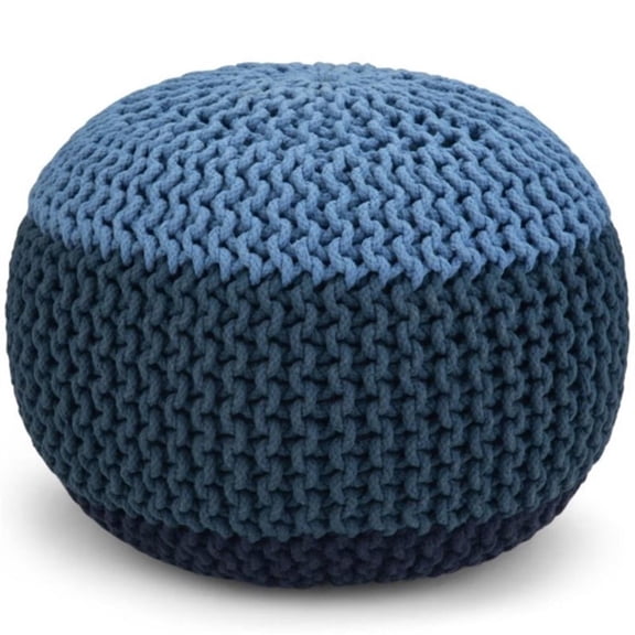 Simpli Home Nikki Boho Round Hand Knit Pouf in Blue, Navy Blue Cotton-Color:Blue/Navy Blue