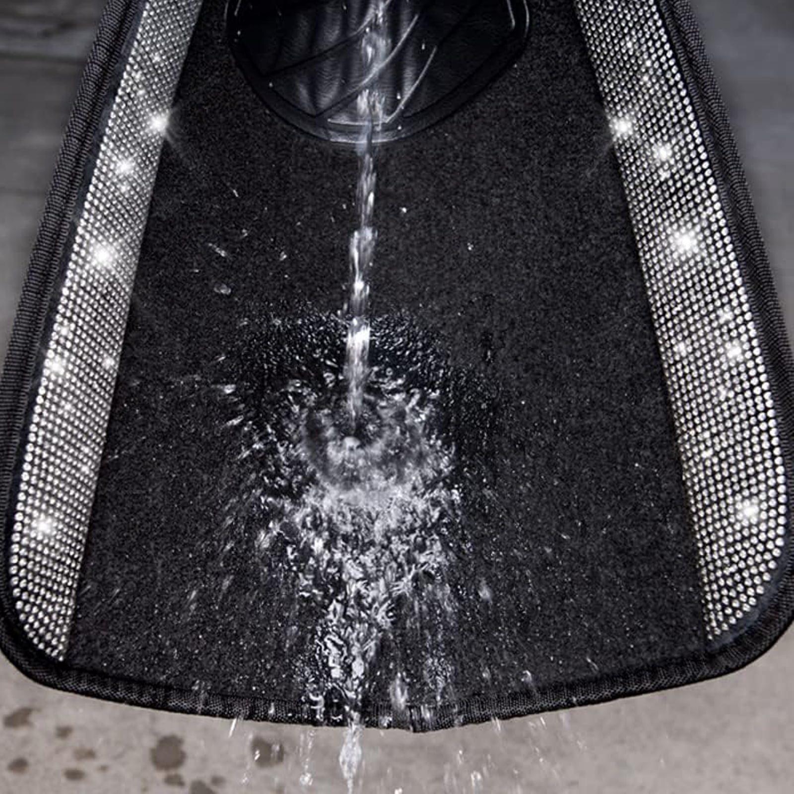 Car-Grand Bling Rhinestone Diamond car floor mats shining carpet sparkly glitter crytal with anti-slip heel waterproof universal fit cute girl women 4pcs Black silver