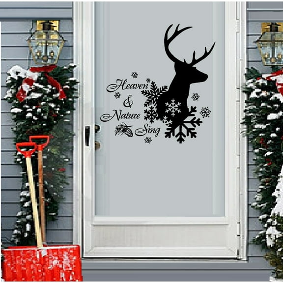 Heaven and nature sing: Christmas Deer with snow Flakes: Wall or window decal 13" x 13" (Black)