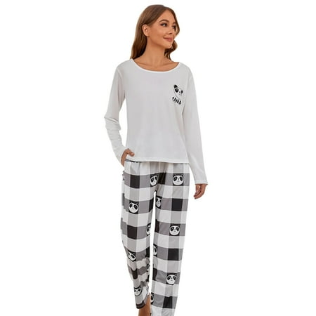 

Womens Pajama Set Classic Long Sleeve Top & Loose Long Pants Cute Cartoon Panda Print Bottoms Sleepwear Pjs Sets
