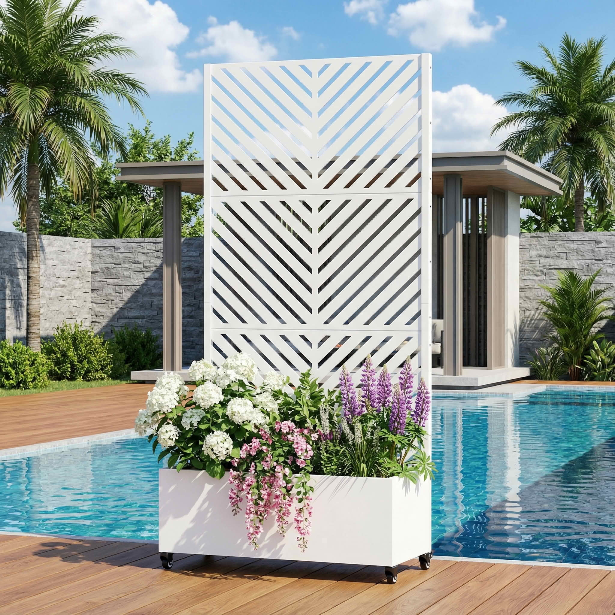 MAYEERTY 72X35" Metal Outdoor White Privacy Screen with Planter Box for Backyard & Garden, 3 Piece Set
