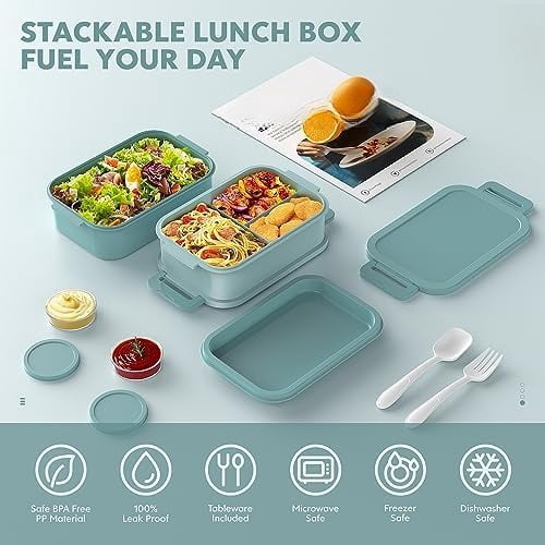 Bento Box Adult Lunch Box - 72oz Stackable Bento Lunch Box for Adults, 3 Layers All-in-One Large Bento Box Leak-Proof Lunchbox with Utensil Sauce Dressing Containers for Dining Out,Work, Green