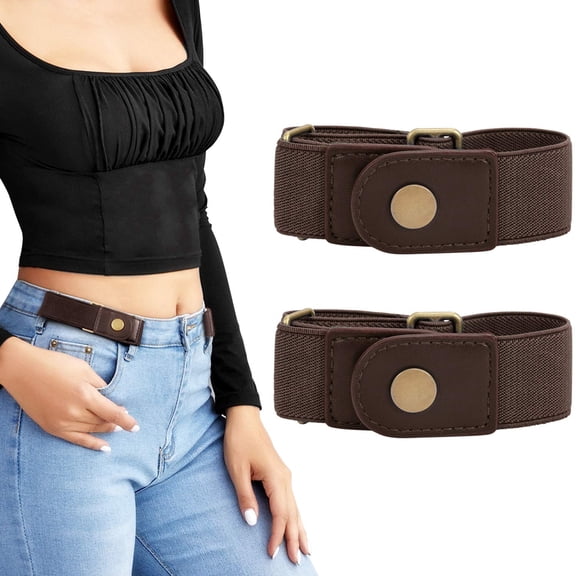 DUHKP No Buckle Elastic Stretch Belts 2 Pack, Coffee Brown Unisex Invisible Waist Belt for Jeans Pants