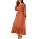 thumbnail image 4 of Vestido largo A-Line de mujer bohemio de manga larga con escote cuadrado, cintura alta elástica y bolsillos en color rojo ladrillo, 4 of 5