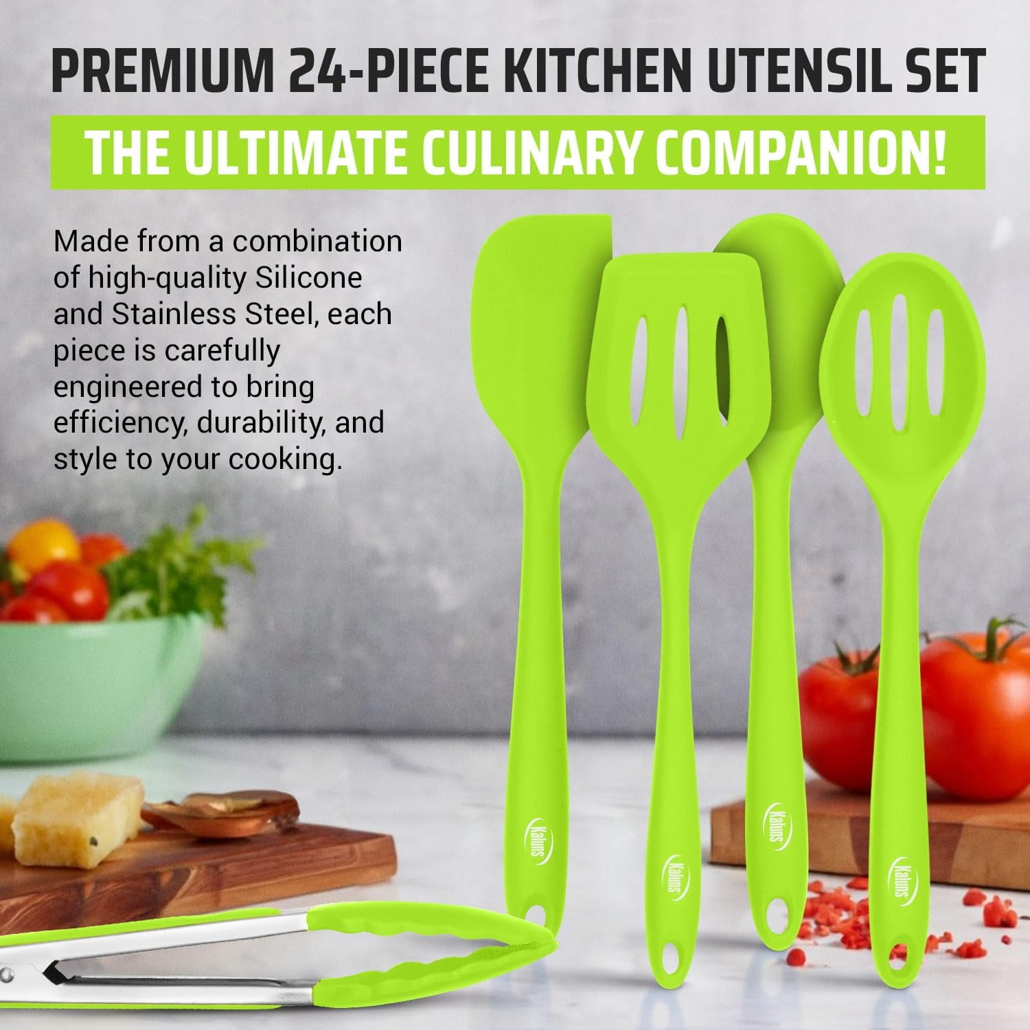 Kaluns Silicone Cooking Utensils Set 24 Pcs - Premium Heat Resistant Cooking Set & Kitchen Essentials - Non-Stick Kitchenware with Stainless Steel Handles