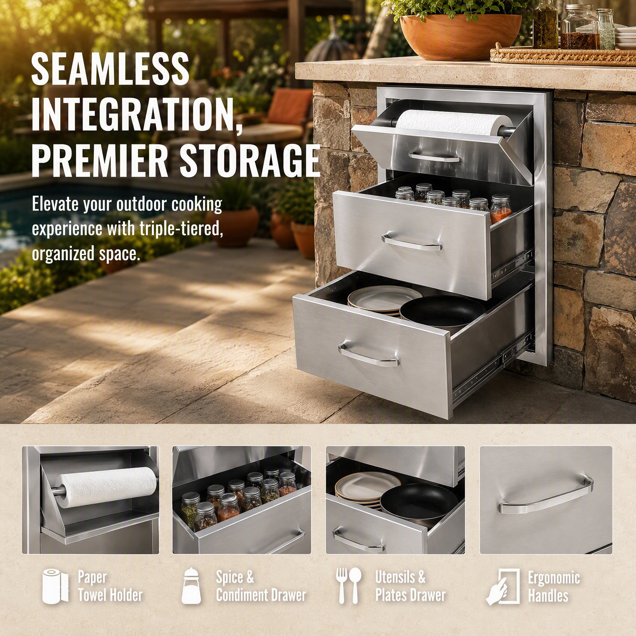 GARITIN Drawer Cabinet for Outdoor Kitchen or Courtyard, Stainless Steel Storage Drawer Cabinet with Multiple Drawers for Outdoor Patio, Silver