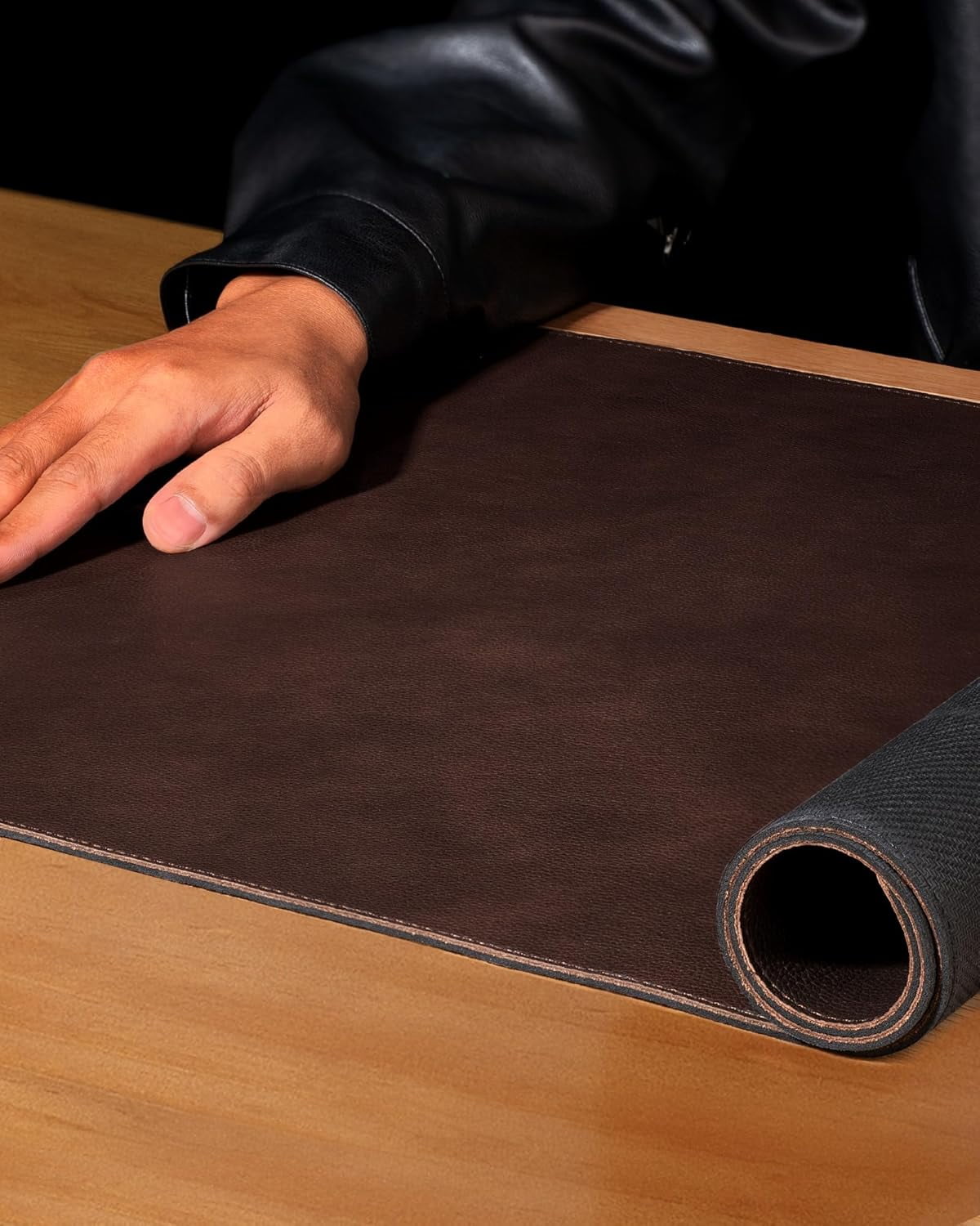 Genuine Leather Desk Mat, 35.4"X17" Office Desk Pad, Thick Premium Table Pad with Stitched Line, Non-Slip Laptop Writing Pad with Rubber Base (Dark Brown, 35.4"x17")
