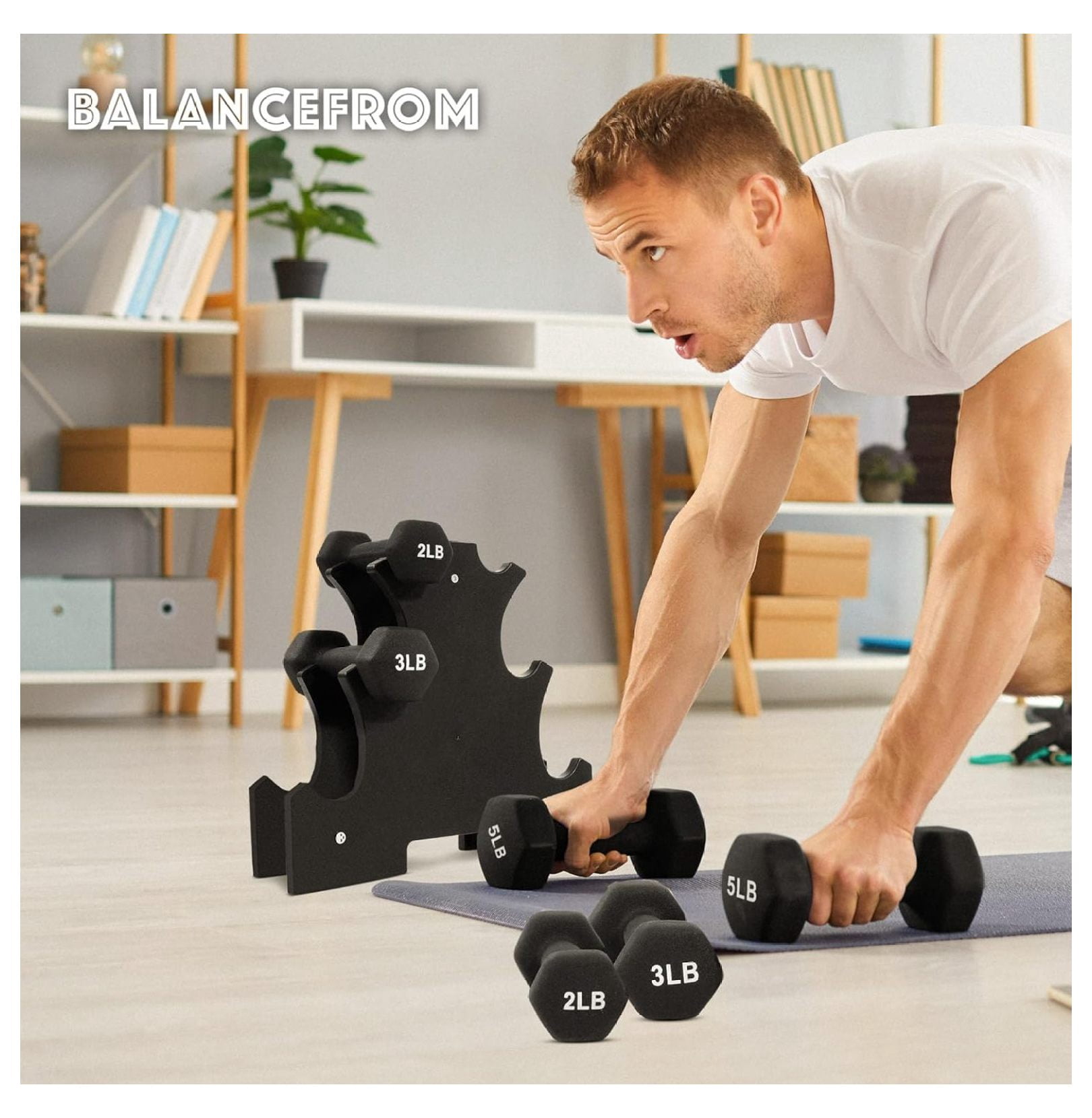 Neoprene Dumbbells Set with Stand - 2lb, 3lb, 5lb Hex Weights - Strength Training, Home Gym, Color Coded Non-Slip Grip