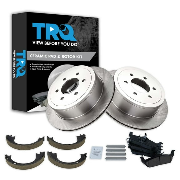 TRQ Rear Brake Pad & Rotor Kit Brake Pads Brake Rotor Parking Brake Shoe Set Ceramic Fits Select 2004-2008 Ford F-150 2006-2008 Lincoln Mark LT