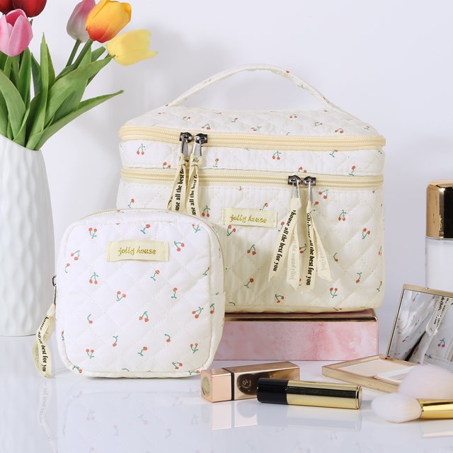 2PCS Estética Linda Bolso de Maquillaje Floral Kawaii Bolso de Aseo de Algodón para Mujeres Niñas