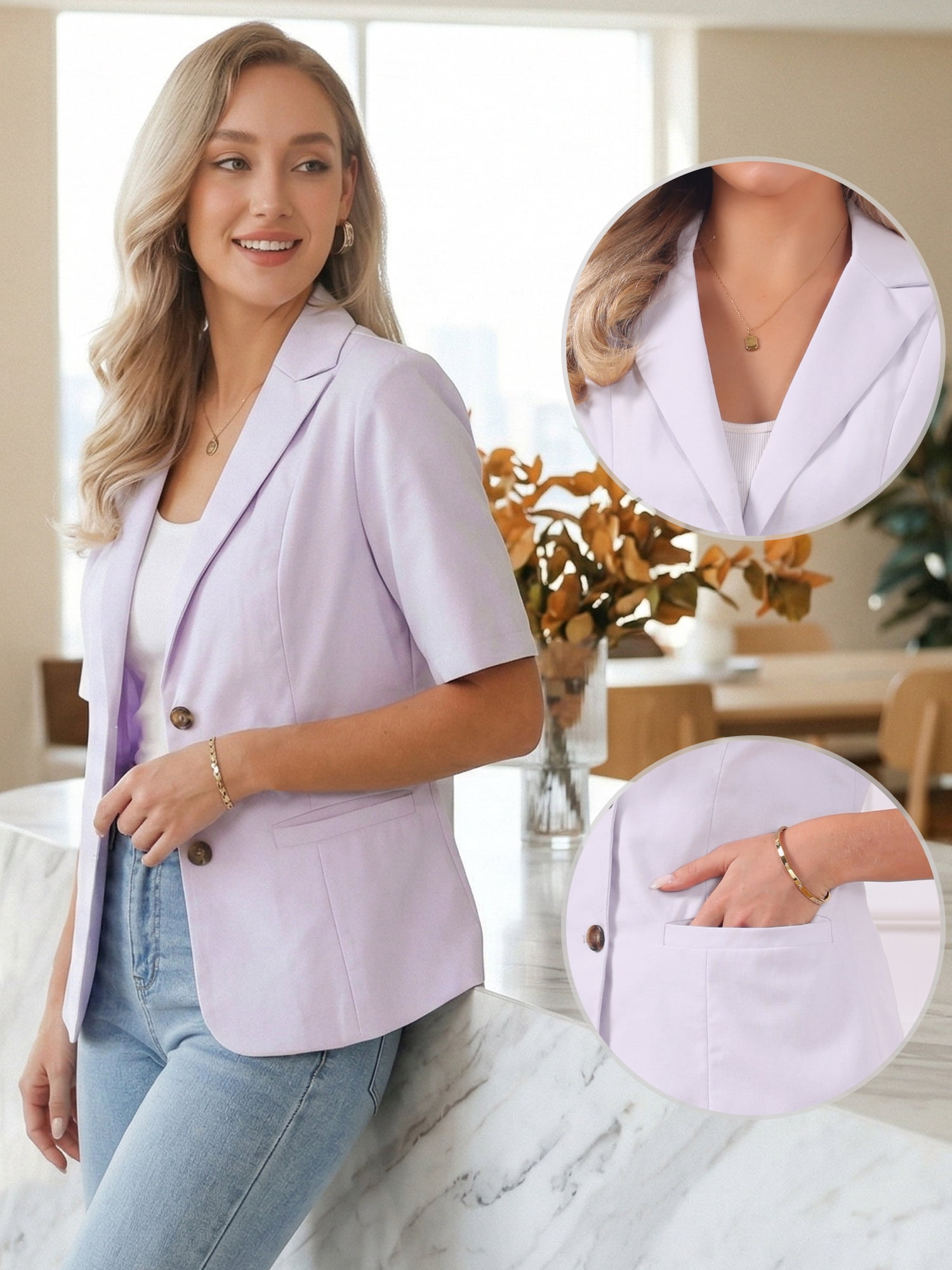 DARING DIVA Women's Linen Short Sleeve Cotton Lapel Collar Blazer XL Light Purple