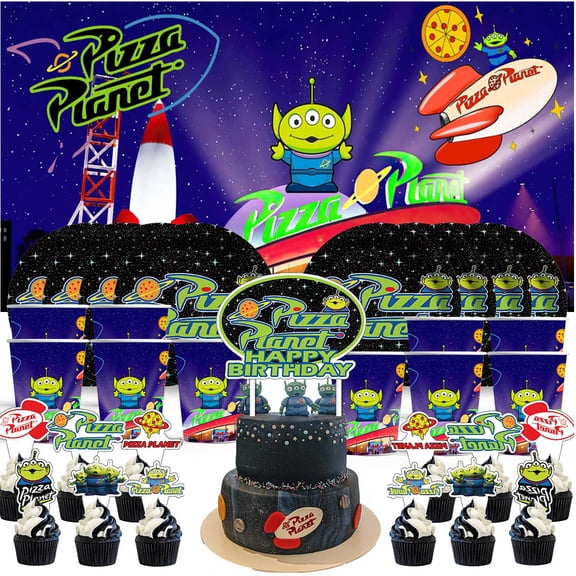 Pizza Planet Aliens Birthday Cups Party Supplies Decor Backdrop Paper Plates Fans Decorations Banner