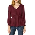 thumbnail image 3 of Allegra K Women's Ruffled Long Puff Sleeves Blouses V Neck Solid Color Semi Sheer Top, 3 of 7