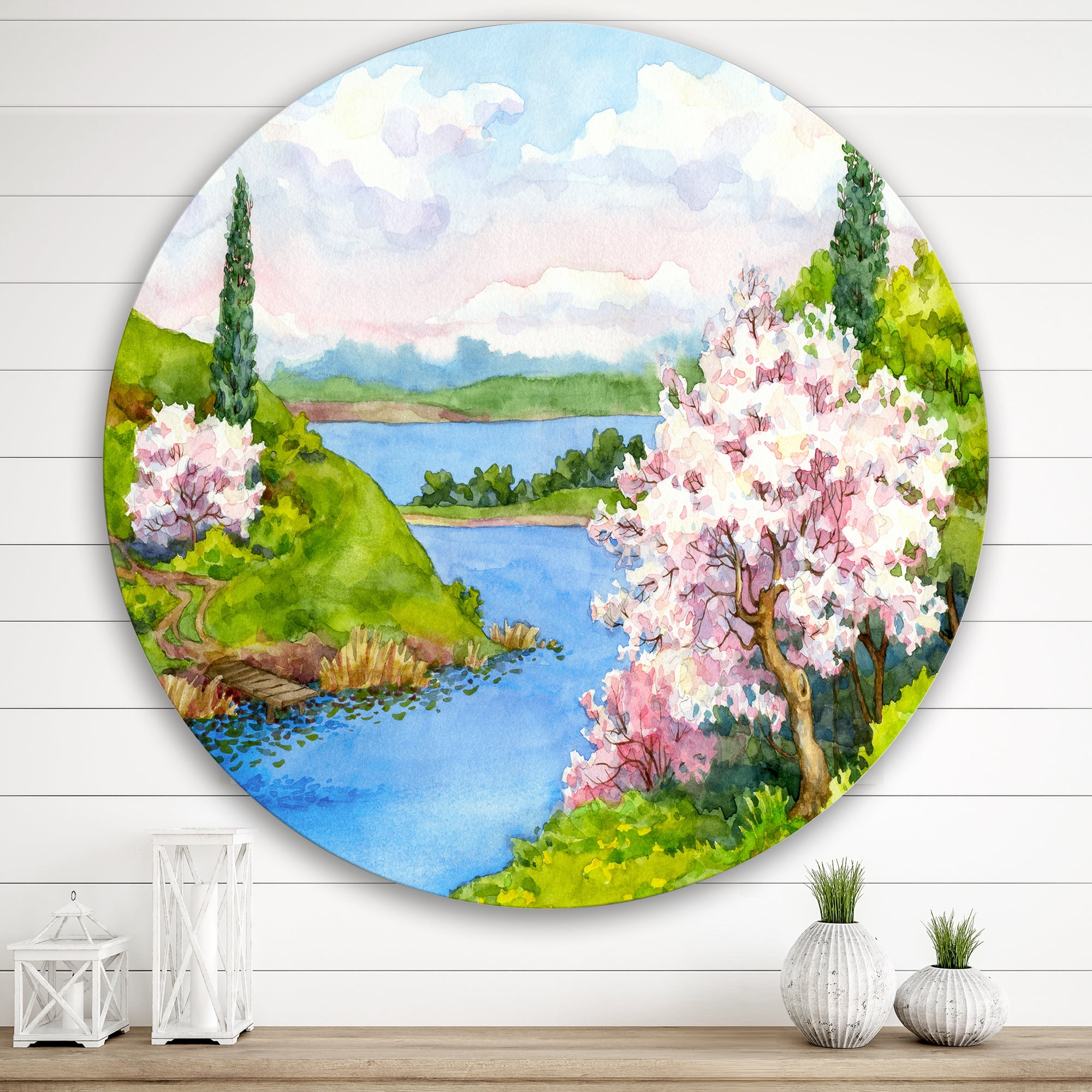 Designart 'A Bright Blue Sky Over Spring Landscape' Traditional Circle Metal Wall Art 36x36 - Disc of 36