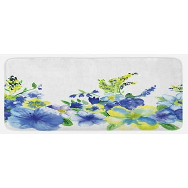 Watercolor Flower Kitchen Mat, Swirled Brushstroke Herbs Romantic Feminine Blooming Nature Art, Plush Decorative Kitchen Mat with Non Slip Backing, 47" X 19", Blue Yellow, by Ambesonne