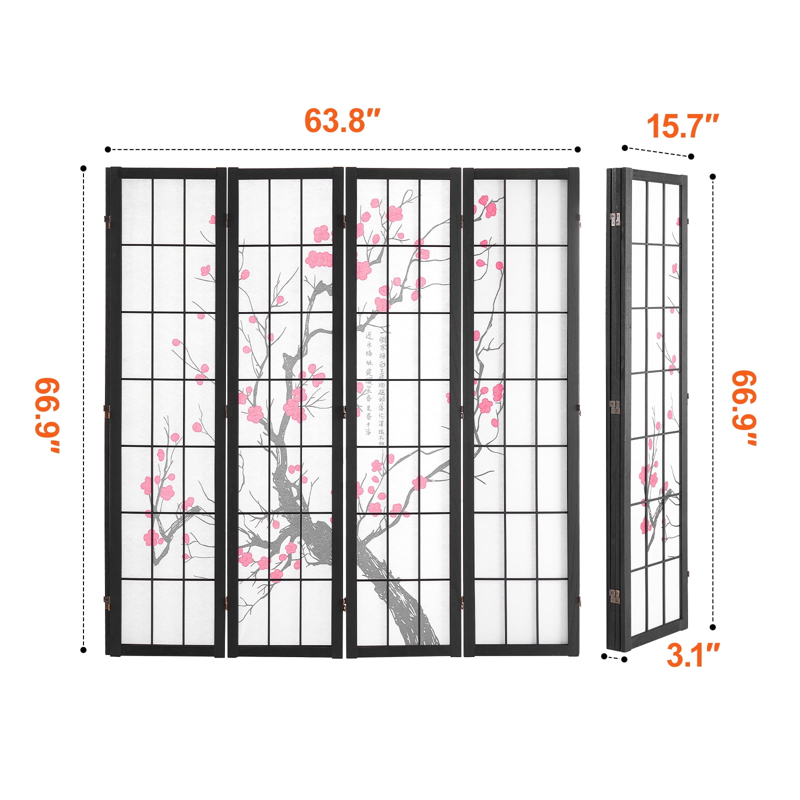 KFFKFF 4-Panel Japanese Room Divider Screen, Wooden Folding Privacy Screen for Indoor Use, Portable Partition for Room Separation and Decoration in Home, Office, Restaurant, and Bedroom