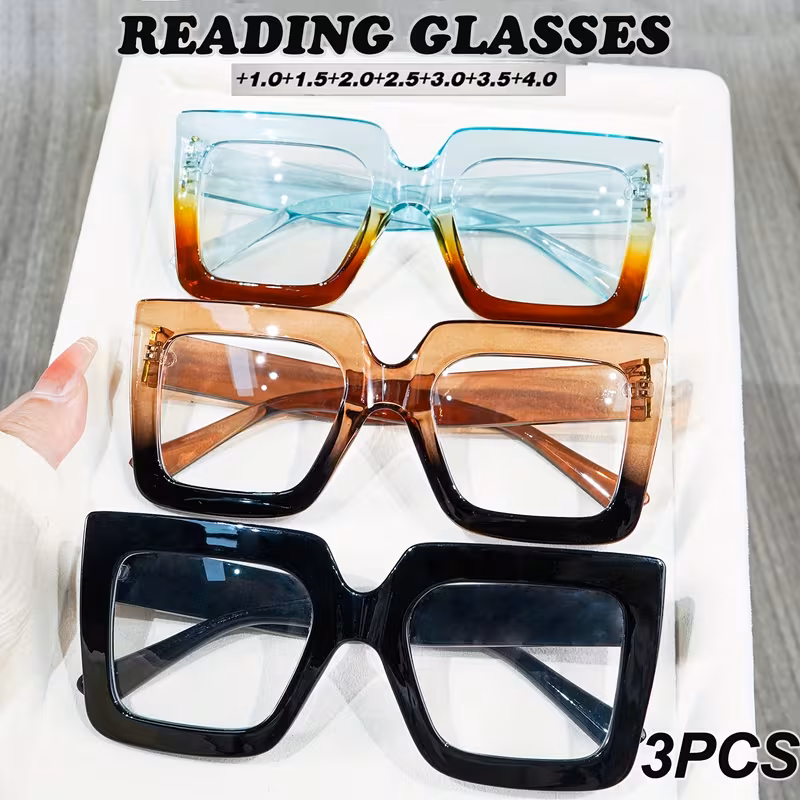 3 Pack Vintage Large Square Reading Glasses for Women and Men, Fashion Eyeglasses with 1.00 to 4.00 Magnification, Stylish Daily Wear Readers