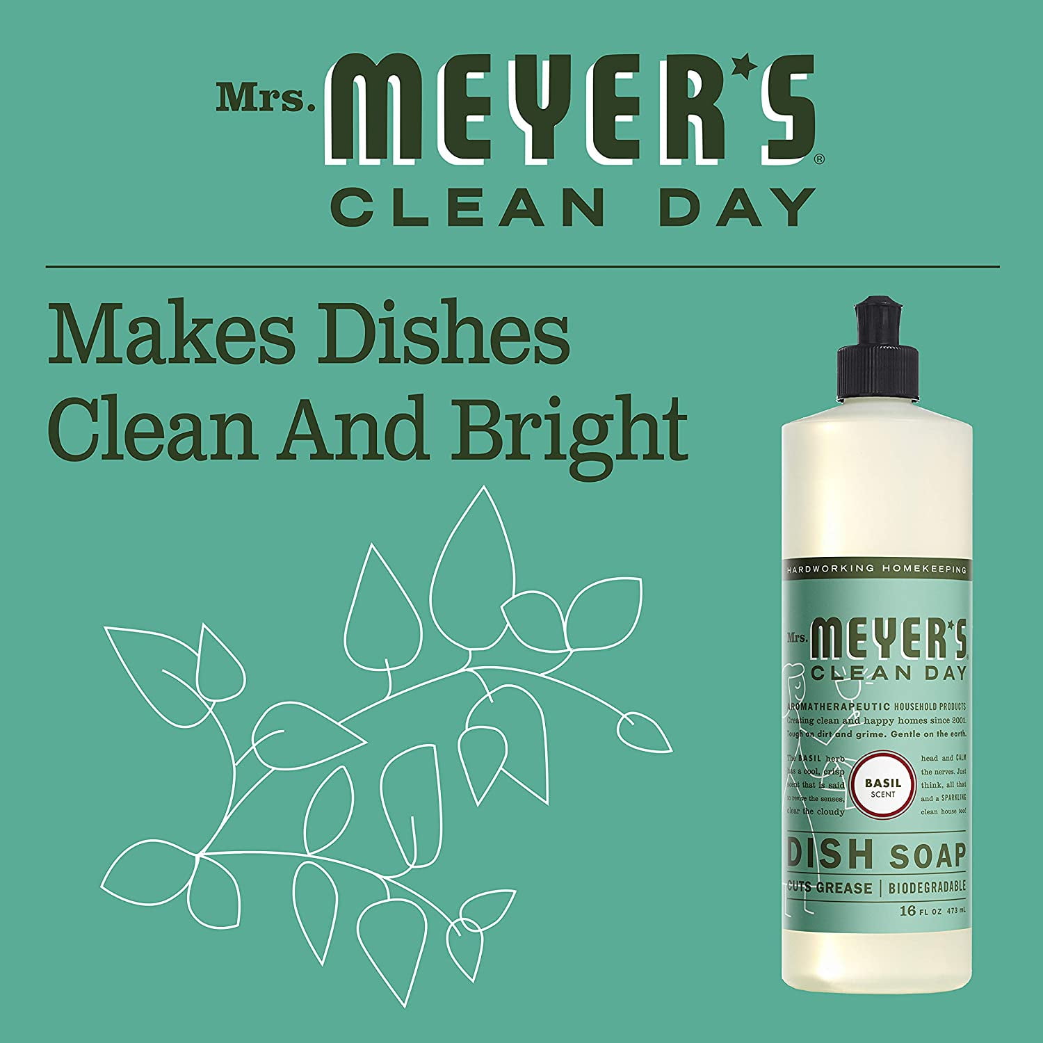 Mrs. Meyer's Liquid Dish Soap, Biodegradable Formula, Basil, 16 fl. oz - Pack of 6