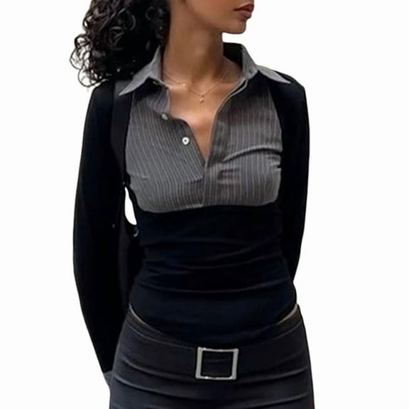 Women'S Striped Button Front Collared Blouse Shirts Long Sleeve Slim Fit Asymmetrical Hem Work Tops Black S